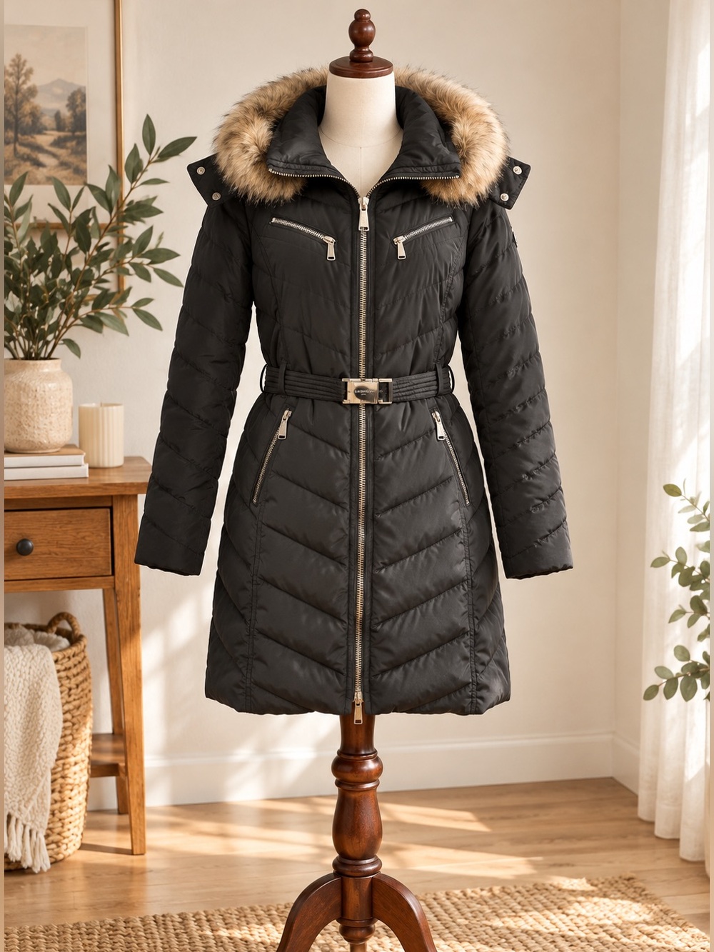 MICHAEL Michael Kors Black Long Down Puffer Coat Belted Faux Fur Hood Small